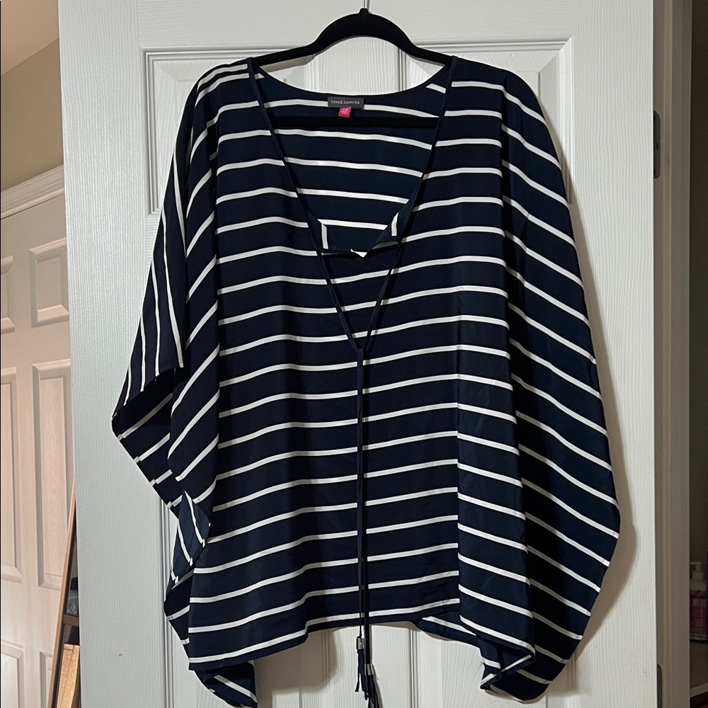 VINCE CAMUTO Striped Navy and White Tie-Front Flowy Top